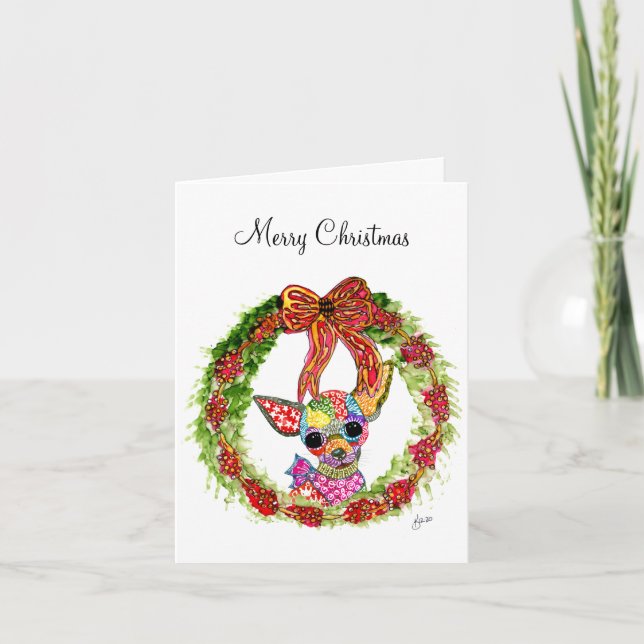 Christmas Wreath and a Chihuahua Greeting Card (Front)