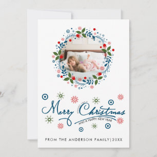 Christmas wreath and blue script typography photo holiday card