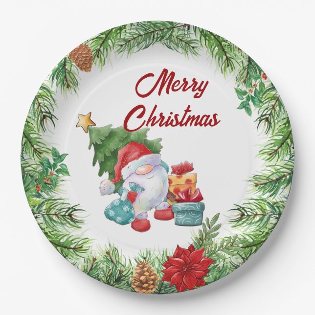 Christmas Wreath and Gnome  Paper Plate (Front)