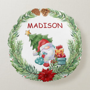 Christmas Wreath and Gnome Santa Claus Round Cushion