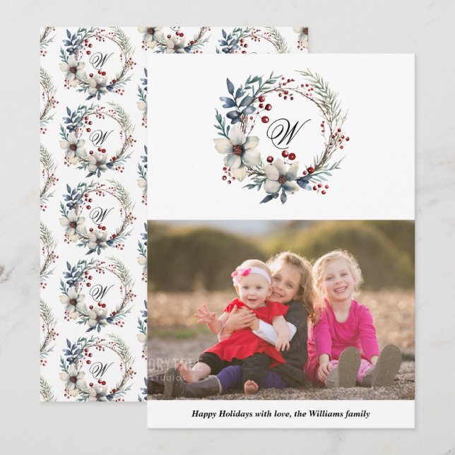 Christmas wreath and monogram photo holiday card (Front/Back)