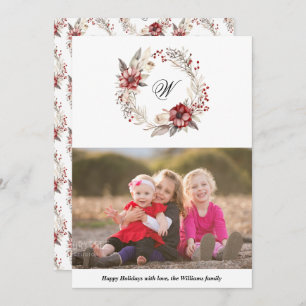 Christmas wreath and monogram photo red holiday card