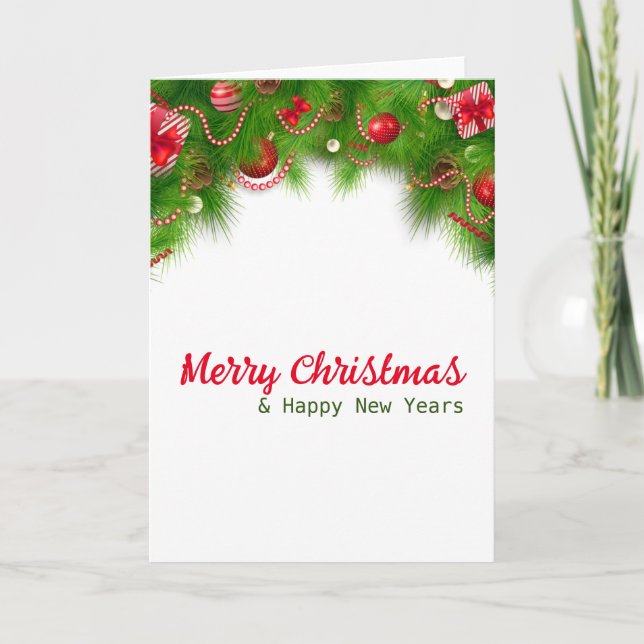 Christmas Wreath and Red Bulbs, and Presents   Card (Front)