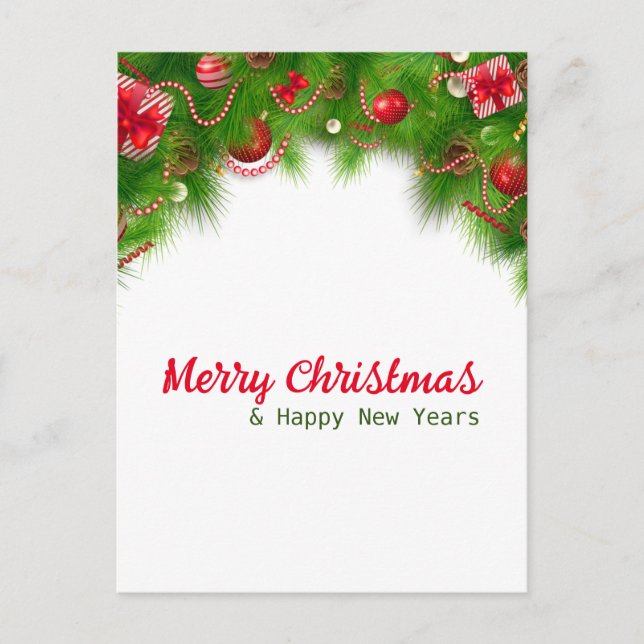 Christmas Wreath and Red Bulbs, and Presents  Holiday Postcard (Front)