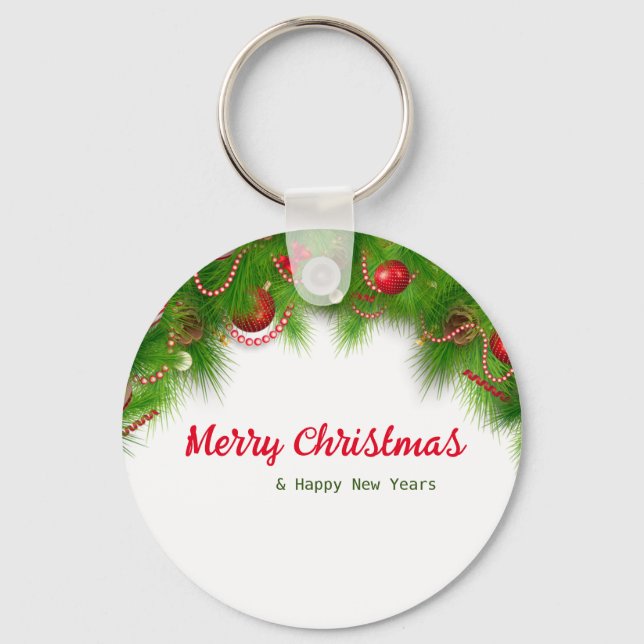Christmas Wreath and Red Bulbs, and Presents    Key Ring (Front)