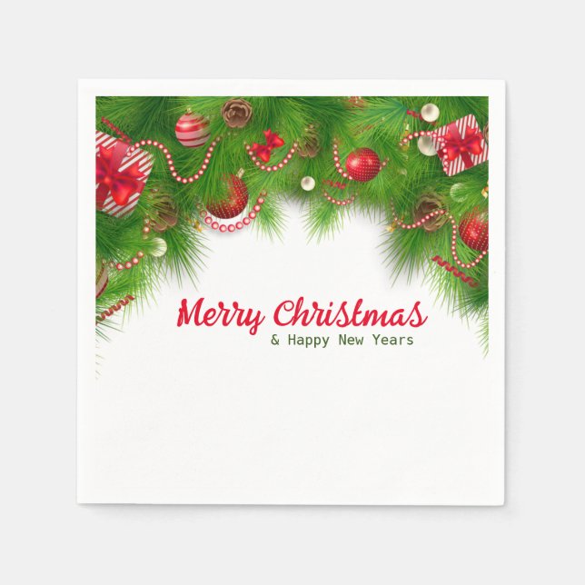 Christmas Wreath and Red Bulbs, and Presents Paper Napkin (Front)