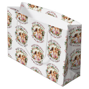 Christmas wreath and red Happy Holidays photo Large Gift Bag