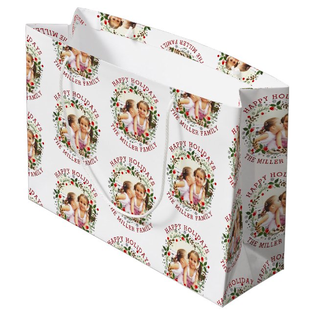 Christmas wreath and red Happy Holidays photo Large Gift Bag (Back Angled)