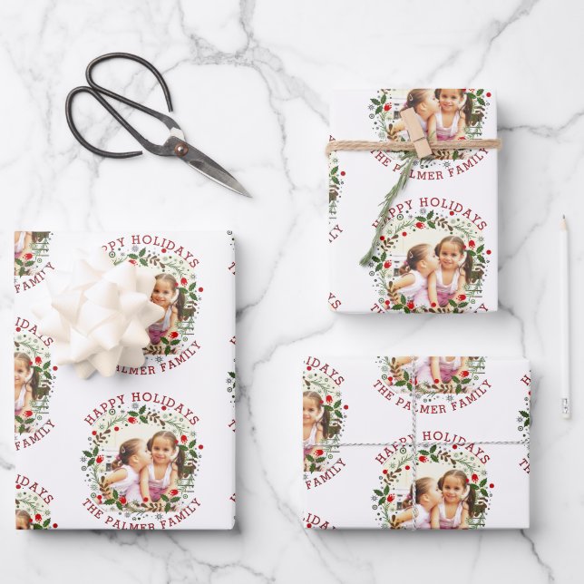 Christmas wreath and red Happy Holidays photo Wrapping Paper Sheet (Front)