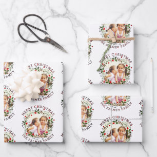 Christmas wreath and red Merry Christmas photo Wrapping Paper Sheet