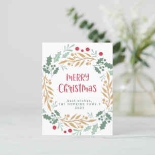 Christmas Wreath and Script   Merry Christmas Postcard