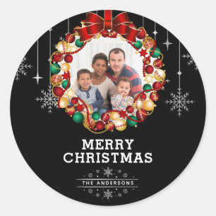 Christmas Wreath And Snowflake Photo Classic Round Sticker