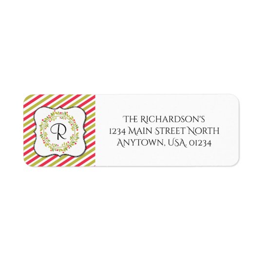 Christmas Wreath and Stripes Monogram Return Address Label