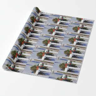 Christmas Wreath and white fence Wrapping Paper