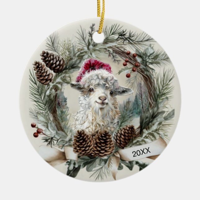 Christmas Wreath Angora Goat  Ceramic Tree Decoration (Front)
