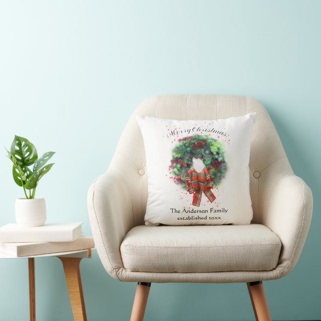 Christmas Wreath Art Plaid Bow Personalized Cushion (Chair)