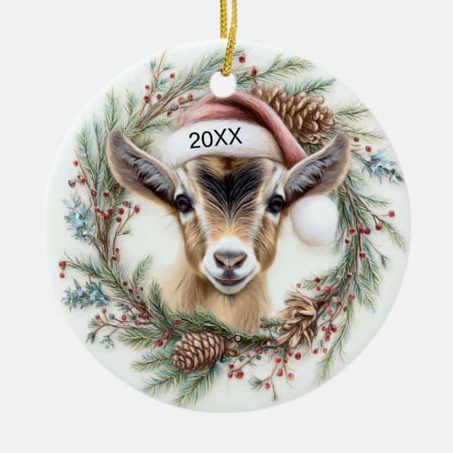 Christmas Wreath Baby Goat  Ceramic Tree Decoration (Front)