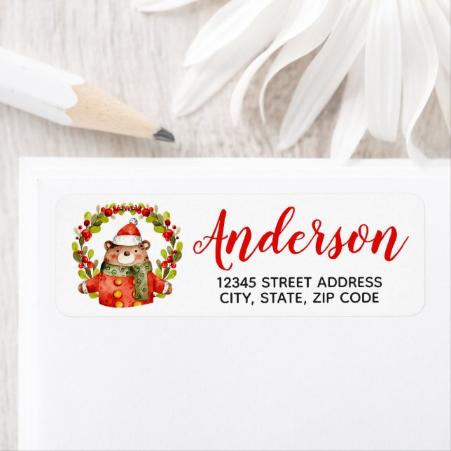 Christmas Wreath Bear Return Address Label (Insitu)