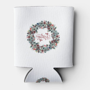 Christmas Wreath BELIEVE Typography Can Cooler