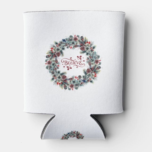 Christmas Wreath BELIEVE Typography Can Cooler (Front)