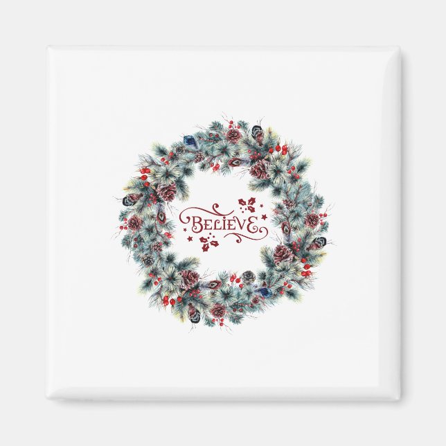 Christmas Wreath BELIEVE Typography Magnet (Front)