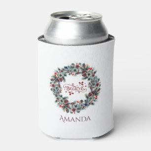 Christmas Wreath BELIEVE Typography monogram Can Cooler
