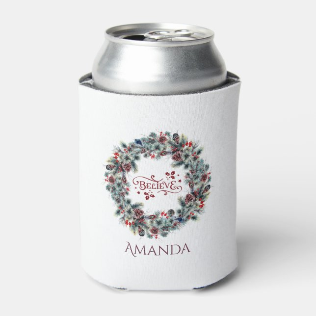 Christmas Wreath BELIEVE Typography monogram Can Cooler (Can Front)