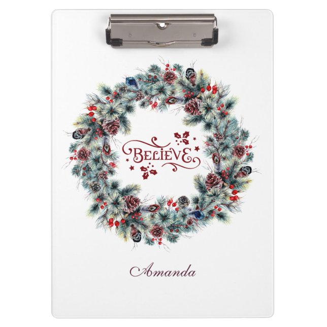 Christmas wreath Believe typography monogram Clipboard (Front)
