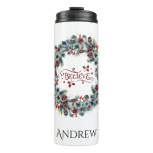 Christmas Wreath BELIEVE Typography monogram Thermal Tumbler