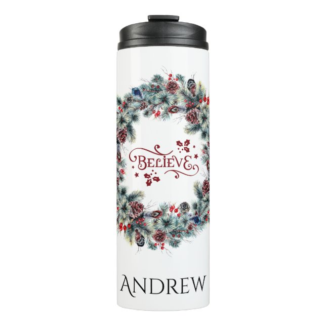 Christmas Wreath BELIEVE Typography monogram Thermal Tumbler (Front)
