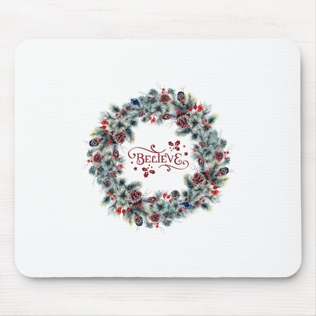 Christmas Wreath BELIEVE Typography Mouse Mat (Front)