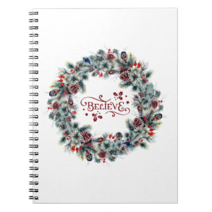 Christmas Wreath BELIEVE Typography Notebook