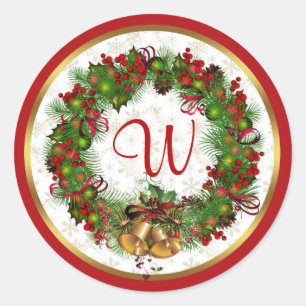 Christmas wreath, bells, holly Monogram Classic Round Sticker