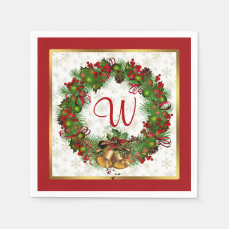 Christmas wreath, bells, holly Monogram Napkin