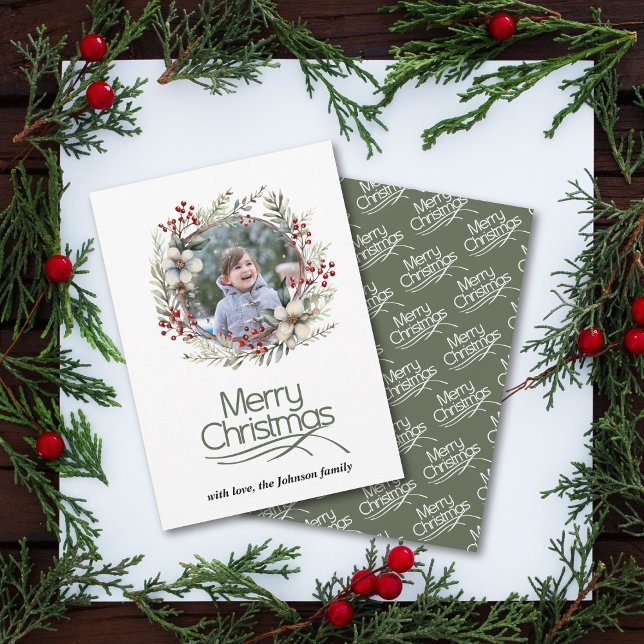 Christmas wreath berries flowers and leaves photo holiday card (Creator Uploaded)