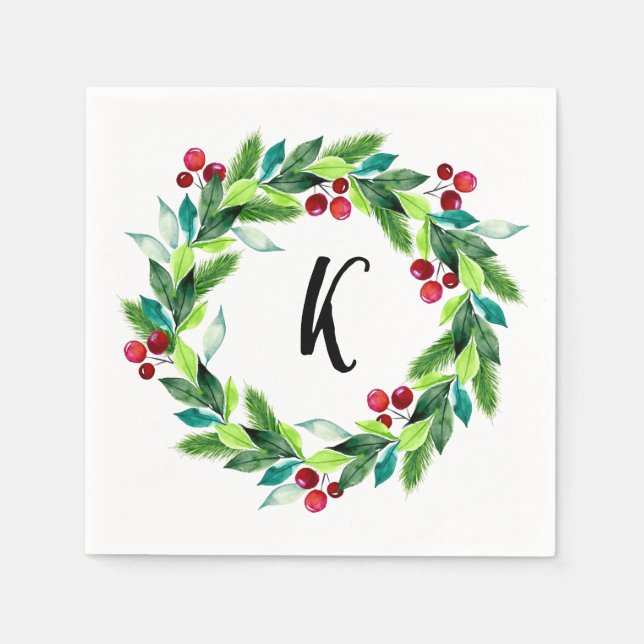 Christmas Wreath Berries Monogram Napkin (Front)