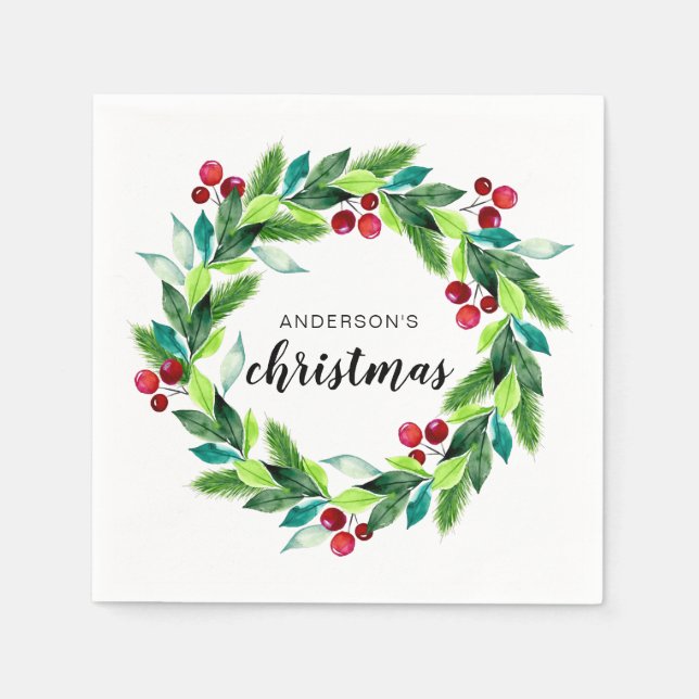 Christmas Wreath Berries Personalised Napkin (Front)