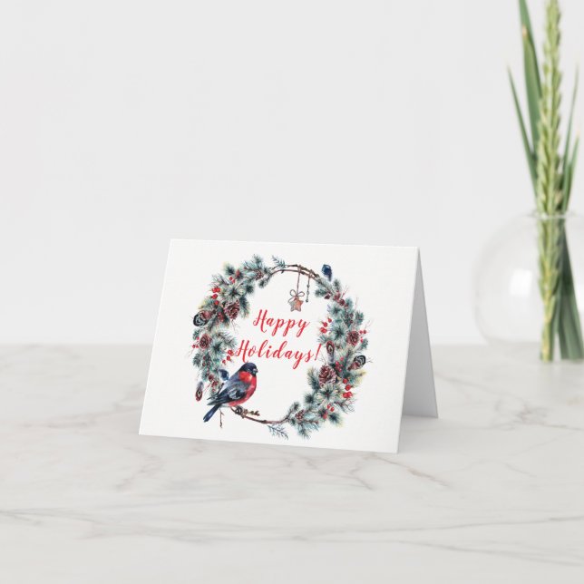 Christmas Wreath Bird Happy Holidays Card (Front)
