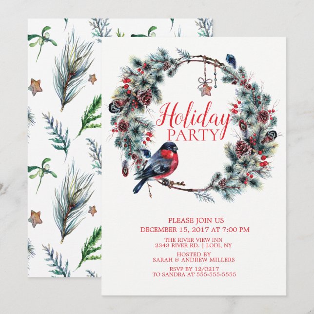 Christmas Wreath Bird  Holiday Party Invitation (Front/Back)