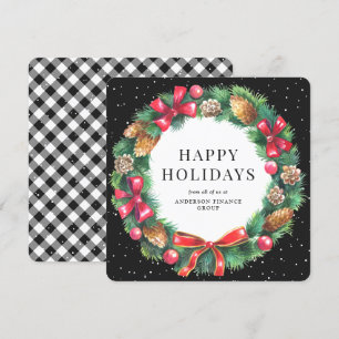 Christmas Wreath Black and White Plaid Business Holiday Card