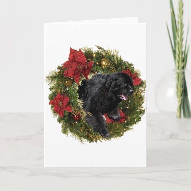 Christmas Wreath Black Newf Holiday Card (Front)