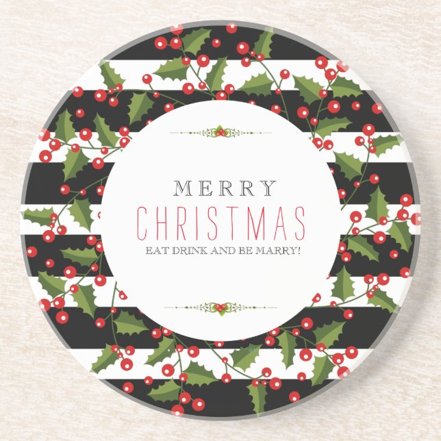 Christmas Wreath & Black & White Stripes Coaster (Front)