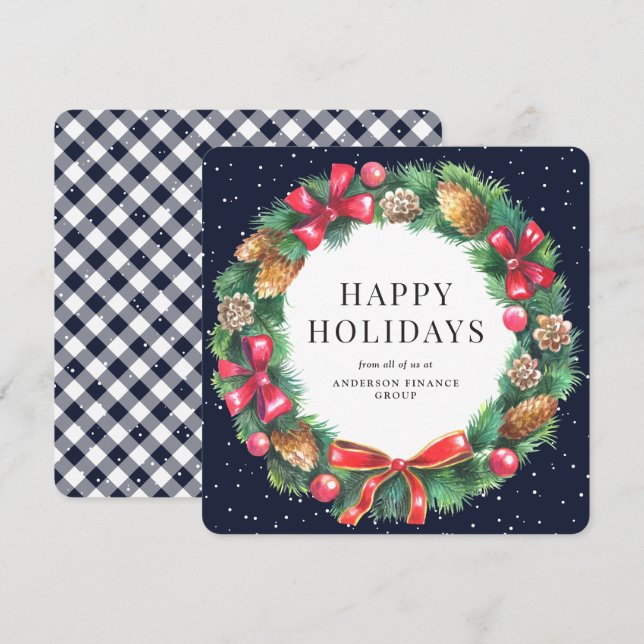 Christmas Wreath Blue Plaid Corporate Business Holiday Card (Front/Back)