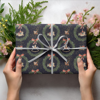 Christmas Wreath Bow Horse Bear Vintage Pattern Wrapping Paper
