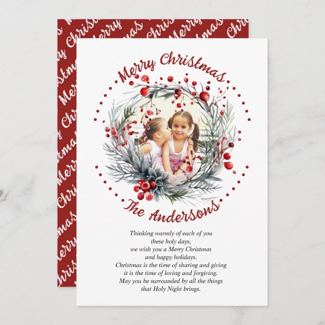 Christmas wreath branches with red berries photo holiday card (Front/Back)