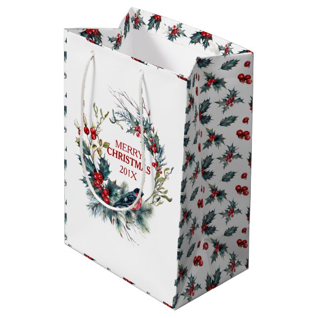 Christmas wreath Bullfinch & Christmas holly Medium Gift Bag (Back Angled)