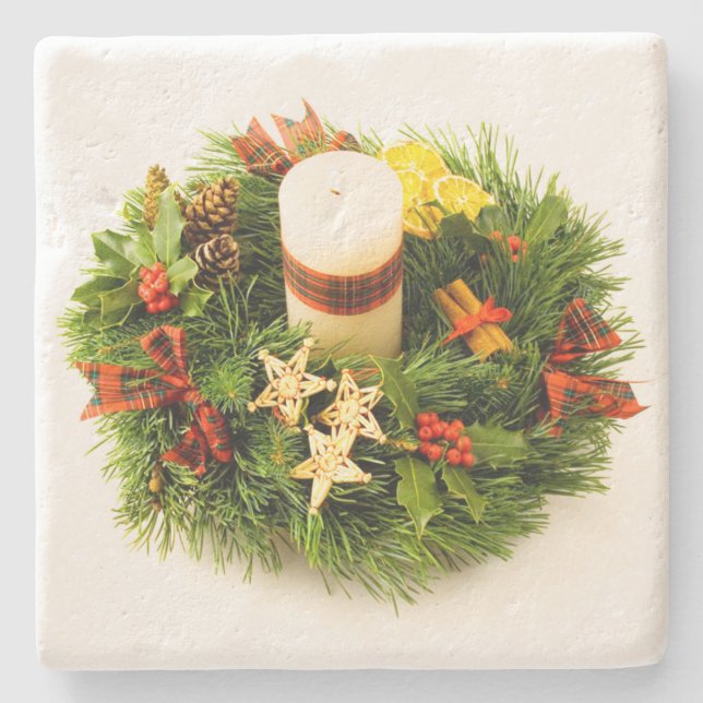 Christmas Wreath Candle Ring Stone Coaster (Front)