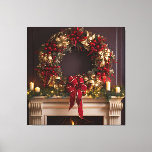 Christmas Wreath, Candles and Fireplace Canvas Print