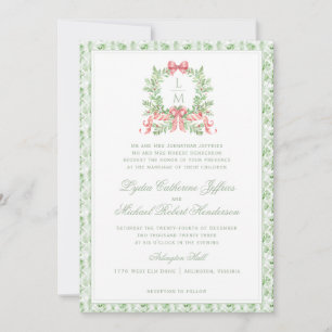 Christmas Wreath Candy Cane Bow   Monogram Wedding Invitation