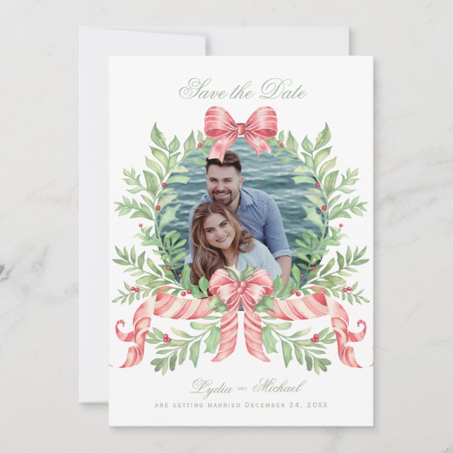 Christmas Wreath Candy Cane Bow | Photo Save The Date (Front)